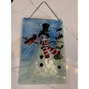 Folio Fused Art Glass Handmade USA Ornament Snowman Suncatcher Christmas 17 Inch